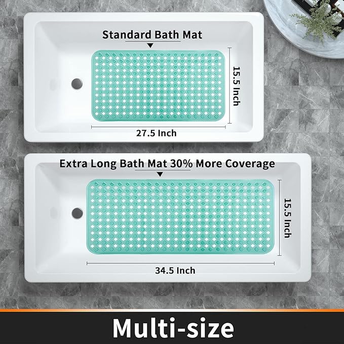 Yimobra Bathtub Mat Non Slip, Super Strong Suction Cups, 27.5"x15.5" Long Shower Mat with Drain Holes, Machine Washable Fast Draining Bath Mats, Bathroom Essentials,Clear Green