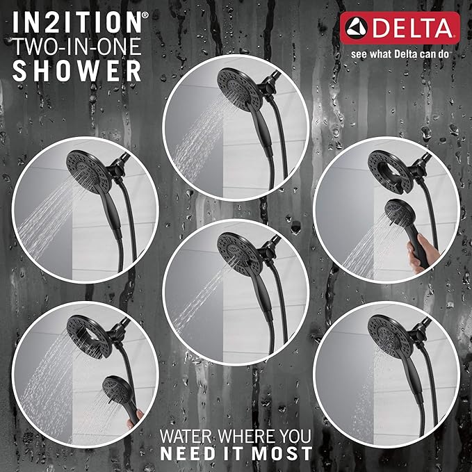 Delta Arvo 14 Series Matte Black Shower Faucet Set with In2ition 2-in-1 Dual Shower Head with HandHeld Spray Combo, Valve Trim Kit, Matte Black 142840-BL-I (Valve Included)