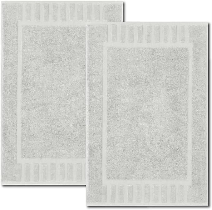 White Classic Luxury Bath Mat Floor Towel Set - Absorbent Cotton Hotel Spa Shower/Bathtub Mats [Not a Bathroom Rug] 22"x34" | 2 Pack | Silver