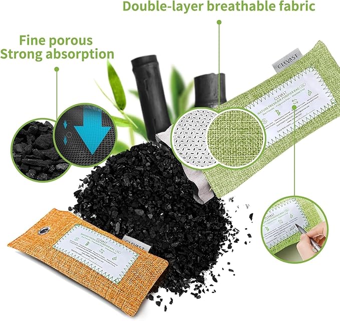 CLEVAST 6 Pack Bamboo Charcoal Air Purifying Bags(6x60g), Activated Natural Home Odor Absorber, Deodorizer and Moisture Eliminator, Purifier for Closet, Shoe, Car Air freshener, Pet Safe
