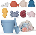 MarcZero 11Pcs Silicone Beach Toys,Modern Baby Beach Toys,Travel Friendly Beach Set,Silicone Bucket, Shovel, 8 Sand Molds, Beach Bag,Silicone Sand Toys for Toddlers, Kids (Blue)