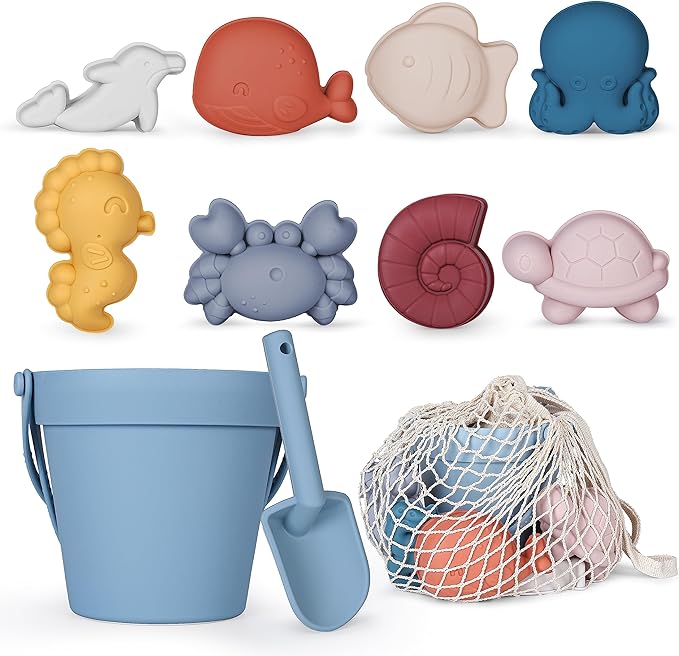 MarcZero 11Pcs Silicone Beach Toys,Modern Baby Beach Toys,Travel Friendly Beach Set,Silicone Bucket, Shovel, 8 Sand Molds, Beach Bag,Silicone Sand Toys for Toddlers, Kids (Blue)