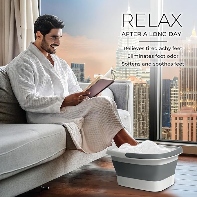 Mantello Collapsible Foot Bath Foot Soaking Tub | Portable Foot Spa Pedicure Bowl | Large Basin to Soak & Wash Feet | Folding Bucket with Carry Handle | White & Grey, Blue, Green [White & Grey]