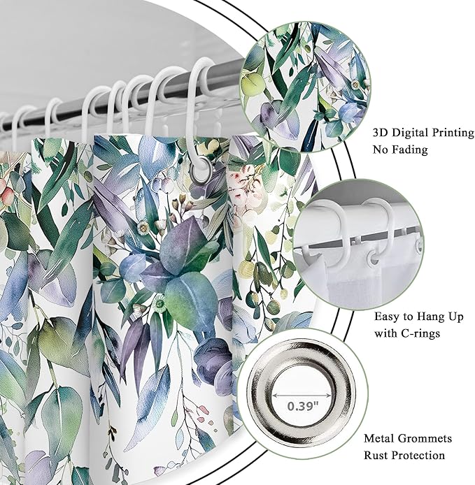 Riyidecor Extra Long Navy Eucalyptus Shower Curtain for Bathroom Decor 54Wx78H Eucalyptus Plants Leaves Botanical Leaf Floral Art Printed Fabric Polyester Waterproof 12 Pack Plastic