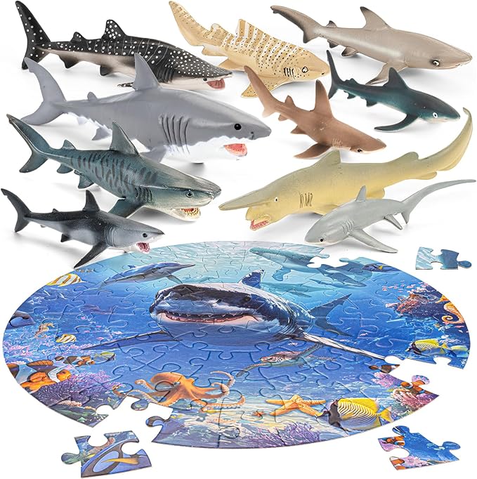Shark Toys for Kids, 10PCS 5-8" Realistic Shark Figurines & 67PCS 20'' Large Sea Ocean Animals Jigsaw Puzzles Toys for Kids Ages 4-6, Birthday Party Favors & Gifts for Toddlers Boys Girls