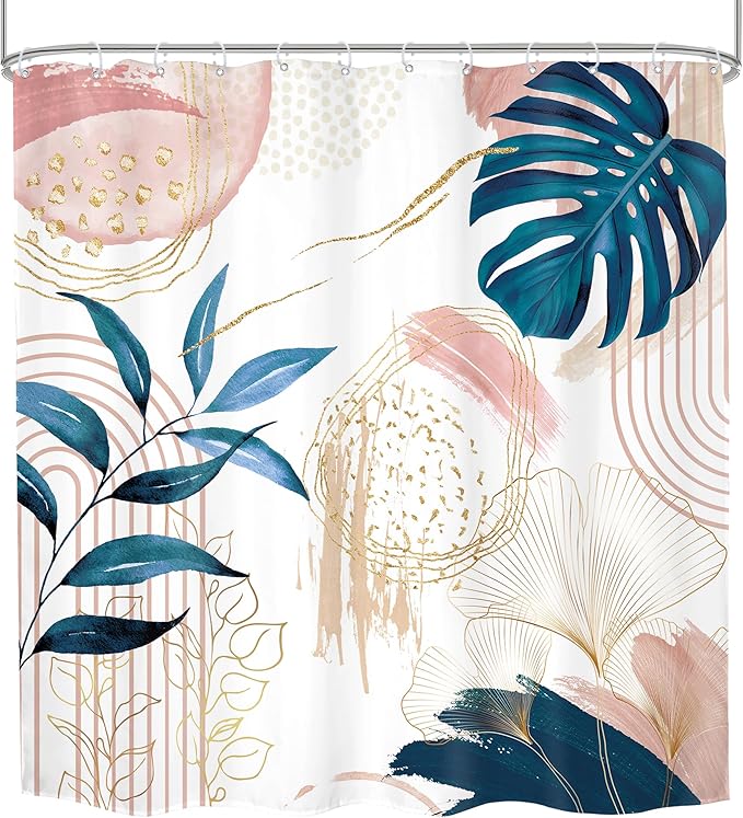 Pink Blue Boho Shower Curtain Modern Abstract Tropical Palm Leaves Bohemian Minimalist Gold Leaf Mid Century Plant Botanical Bathroom Decor 72Wx72H Bath Curtain Fabric Polyester 12 Pack Hooks