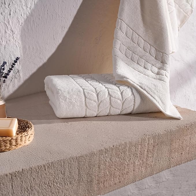 BAGNO MILANO Organic Turkish Cotton Bath Towels, Luxury Jacquard Collection, Certified Organic Highly Absorbent, Soft-Plush Towel Set (Cream, 4 Pcs Hand Towel Set)
