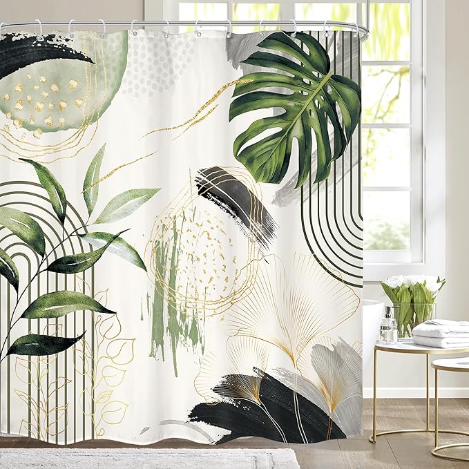 Grey Green Boho Shower Curtain 72Wx72H Abstract Tropical Palm Leaves Modern Bohemian Minimalist Gold Leaf Mid Century Plant Bathroom Decor Botanical Bath Curtain Fabric Polyester 12 Pack Hooks