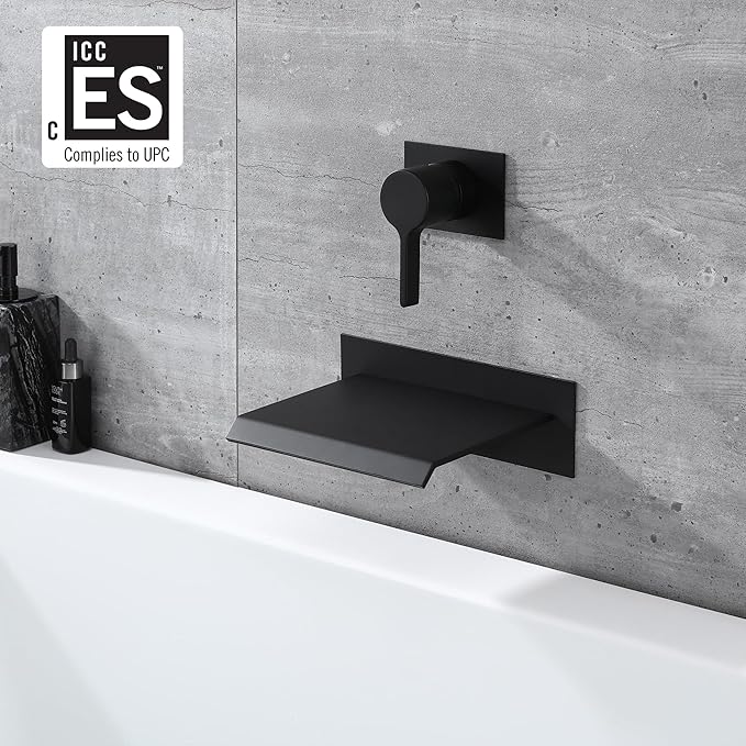 sumerain Wall Mount Bathtub Faucet Black with Waterfall Tub Spout Single Handle with Rough in Valve High Flow