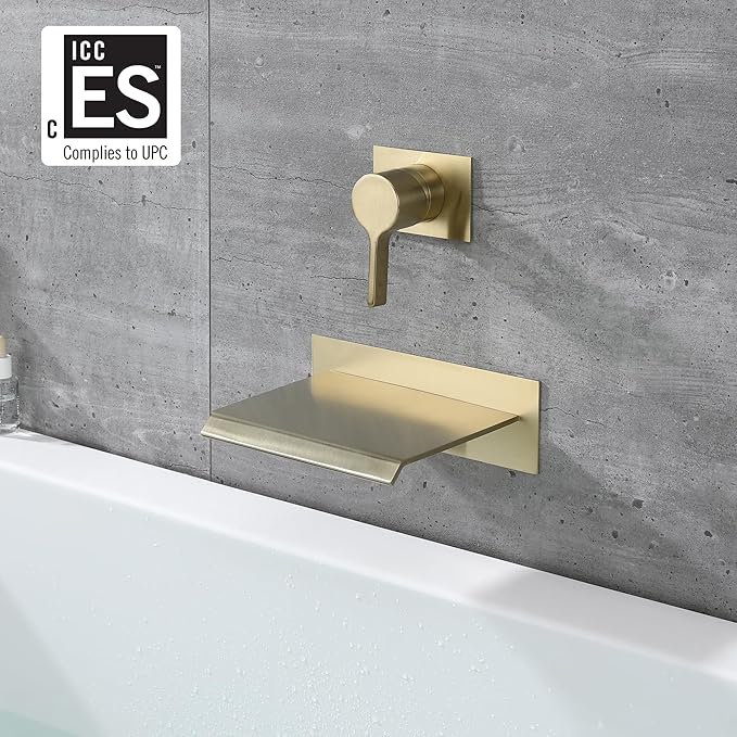 sumerain Wall Mount Tub Faucet Brushed Brass with Waterfall Tub Spout and Rough in Valve, High Flow