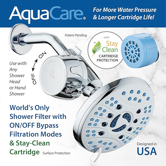AquaCare Skin & Hair - World's Only Universal Shower Water Filter for All Shower Head Types with ON/OFF Filtration Modes, Instant Cartridge Reload & Stay-Clean American KDF Cartridge, Chrome Finish
