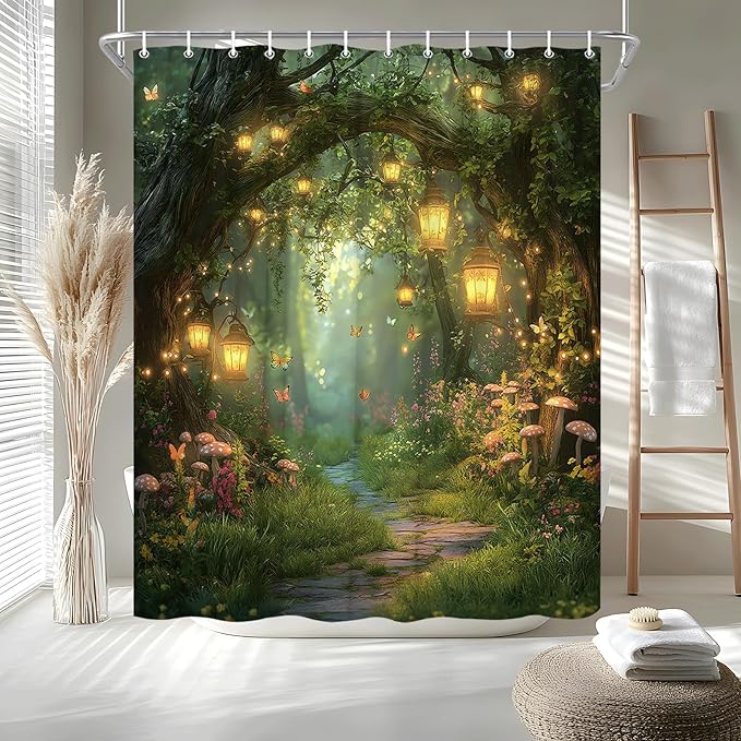 Fantasy Forest Path Shower Curtain Fairy Magical Enchanted Misty Jungle Mushroom Floral Tree Butterfly Lantern Wonderland Plant Bath Curtain Fabric Bathroom Accessories Decor with Hooks 47W x70L