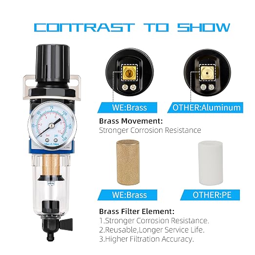 NANPU 1/4" NPT Compressed Air Filter Regulator Combo Piggyback, 5 Micron Brass - Image 5