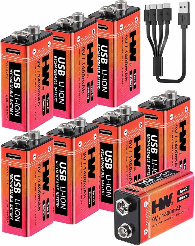 HW 9V Rechargeable Lithium Battery 8 Pack, 1400mAh 9 Volt Batteries by HW