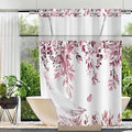No Hook Shower Curtain and Liner Set, Dark Red Eucalyptus Floral Shower Curtains for Bathroom, Bath Curtain Sets with Snap in Liner, Waterproof with See Through Top Window, 71x74 Inches