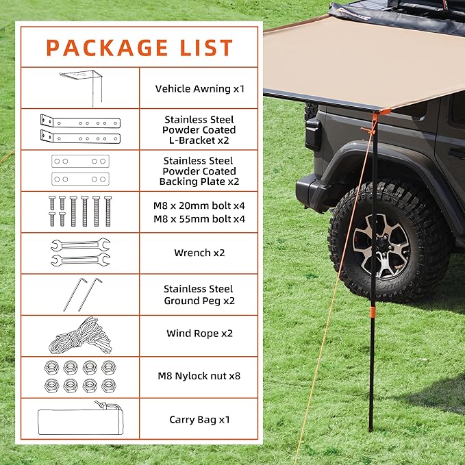 ALL-TOP Vehicle Awning 6.6'x8.2' Roof Rack Pull-Out Sun Shade UV50+, Weatherproof 4x4 Side Awning for Camping & Overland (Hardware Included)