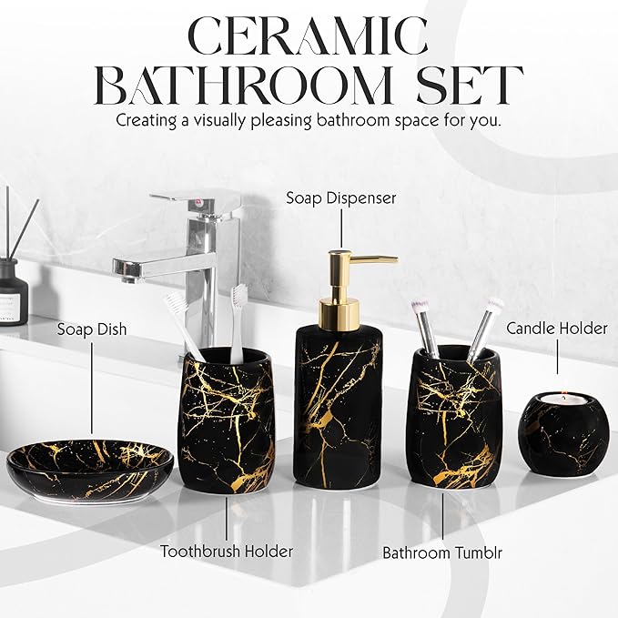 Ceramic Bathroom Accessory Set, 5-Piece Bathroom Accessory Set, Soap Dish, Toothbrush Holder, Soap Dispenser, Bathroom Tumbler & Candle Holder - Modern Bathroom Organizer, (Black & Gold)