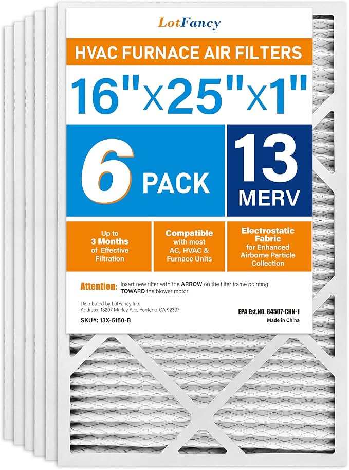 LotFancy 16x25x1 Air Filter MERV 13 6-Pack, Electrostatic Pleated HVAC Furnace by LotFancy