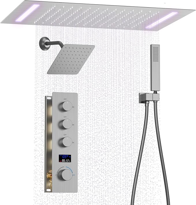Digital Display Shower System Brushed Nickel Shower Faucet Set with 14X20 inch Ceiling Mounted Shower Head and 8 inch Wall Mounted Shower Head Combo, Handheld Shower