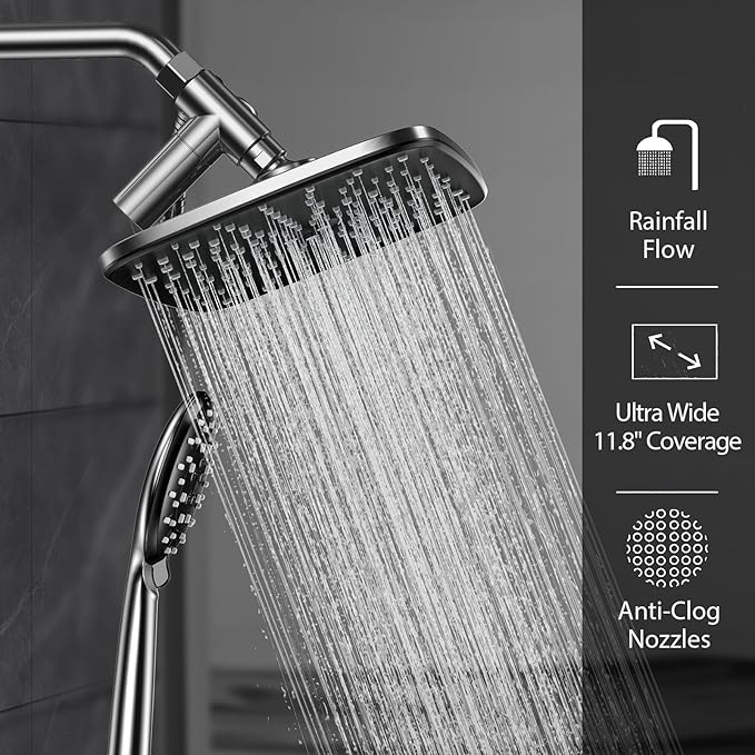Veken 11.8 Inch Rain Shower Head with Handheld- High Pressure Dual Shower Heads with 5 Modes Handheld Spray Combo- Wide Rainfall Showerhead with Hose, Bathroom Accessories, Christmas Gift, Chrome