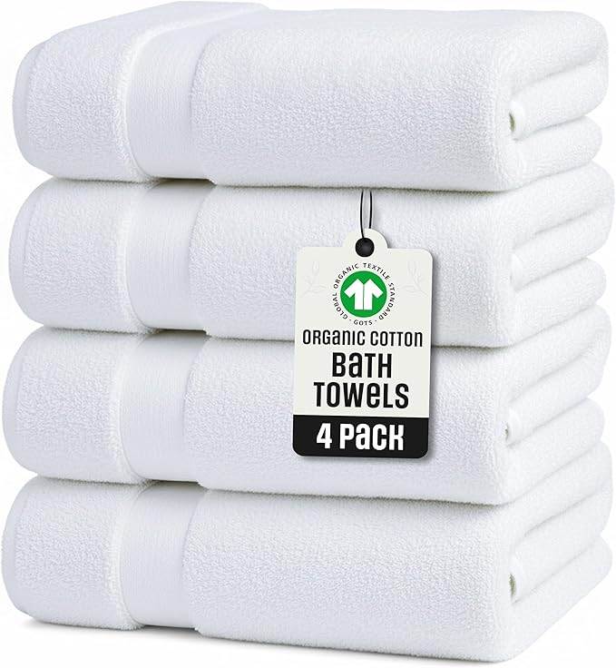 TOWELTIQUE- Organic Cotton Plush Bath Towels Pack of 4 GOTS & Oeko- TEX Certified | Premium Soft, Absorbent & Quick-Drying Towels for Bathroom, Gym, Spa & Hotel Use – White
