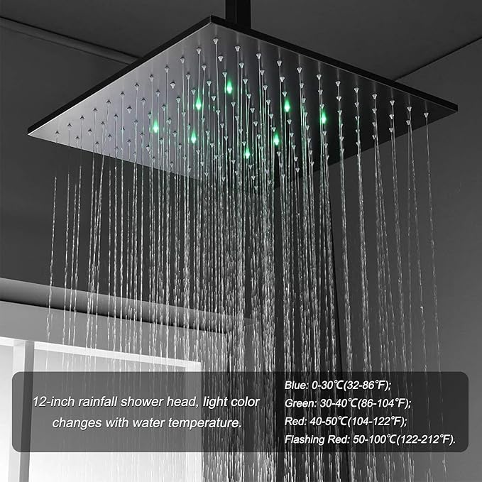 Thermostatic Shower System Oil Rubbed Bronze Tub Shower Faucet Set with Tub Spout and 12 Inch Wall Mounted LED Rainfall Full Body Shower Head, 6 PCS Body Jets, Handheld Shower
