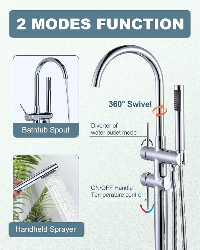 Freestanding Tub Filler Faucet Chrome: High Flow Brass Floor Mount Bathtub Filler, Swivel Gooseneck Spout with Single Handheld Sprayer for Bathroom Shower