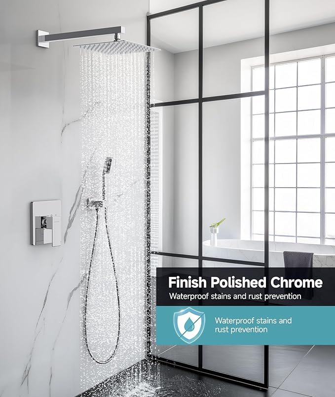 SR SUN RISE Shower System Bathroom 10 Inch Rainfall Shower Head & Handle Set Wall Mounted Rain Shower Faucet Set Polished Chrome
