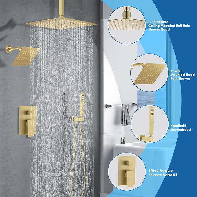 Shower System Dual Shower Heads with 12" Ceiling Mounted Rain Shower Head & 6" Wall Mounted Head Full Body Luxury Rain Shower System 3 Way Pressure Balance Valve Kit, Brushed Gold