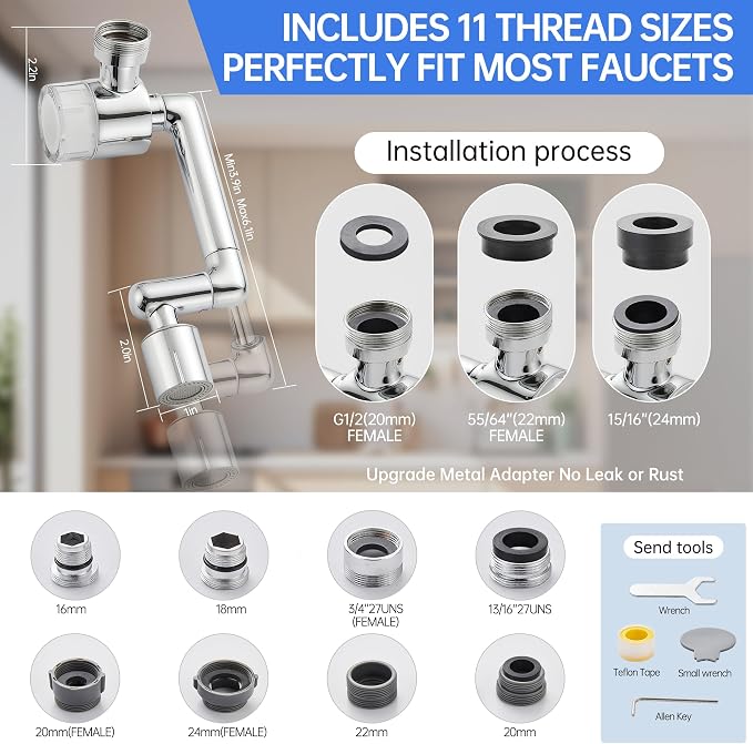 YYKBZ 1440° Rotating Sink Water Filter Faucet Extender Aerator, 2 Mode Swivel - Image 6