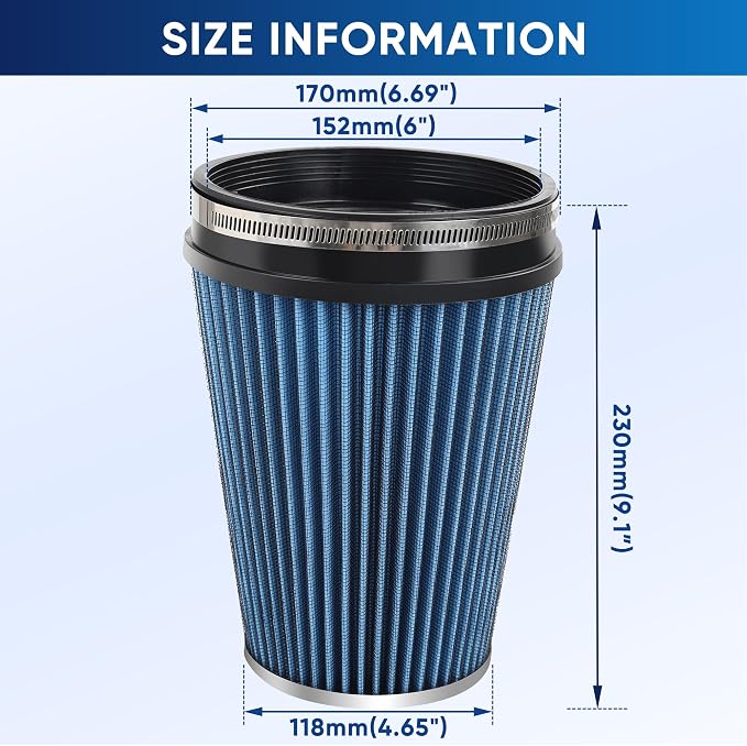6" 152mm Cold Air Intake Filter Clamp-On Replacement High Flow Inlet Air Filter - Image 2