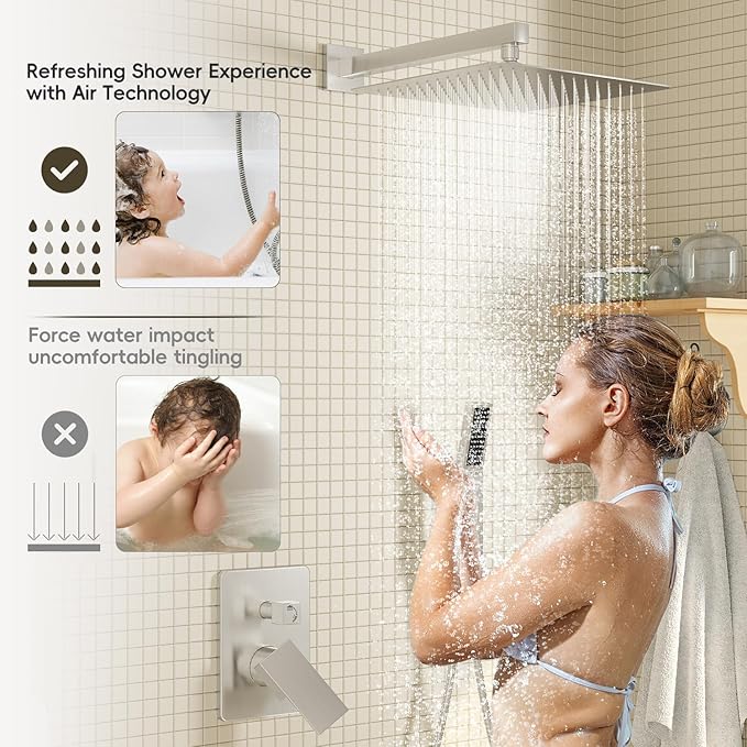 Brushed Nickel Shower System, Shower Faucet Set with 12 Inch Rain Shower Head and Handheld, Wall Mounted High-Pressure Shower Head Combo Set with Shower Valve and Shower Trim, Brushed Nickel