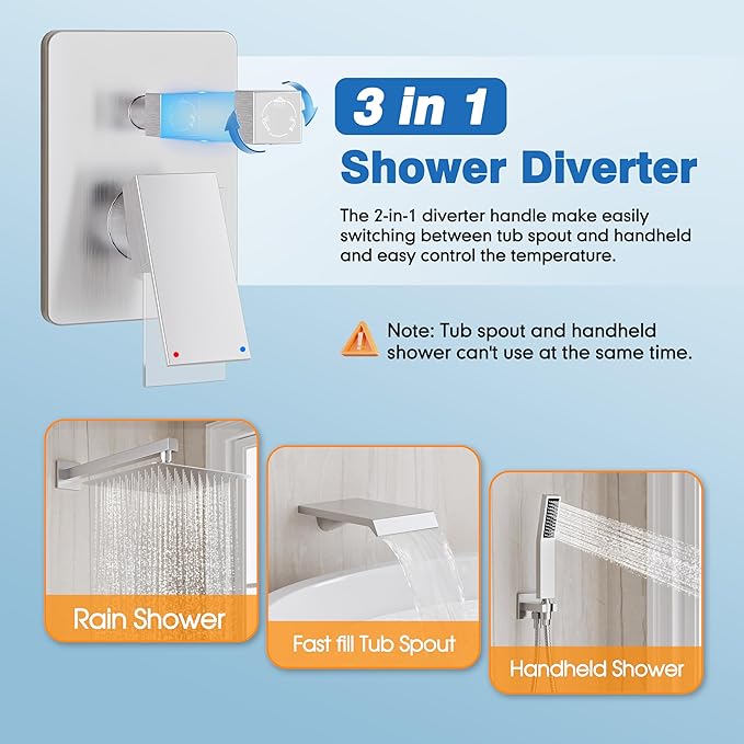 Shower System with Tub Spout, All Metal Tub Shower Faucet Set with 12-Inch Rain Shower Head and Handheld Spray combo, Wall Mounted Shower Combo Set with shower valve and Trim kit,Brushed Nickel