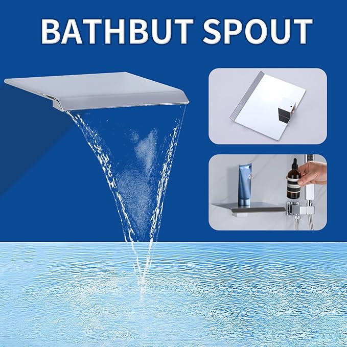 TapLong Wall Mount Bathtub Faucet with Waterfall Tub Spout Bath Tub Faucet Set with Handheld Shower Single Handle Tub Filler Shower Faucet Set with Rough-in Valve and Trim Kit, Polished Chrome, 91266
