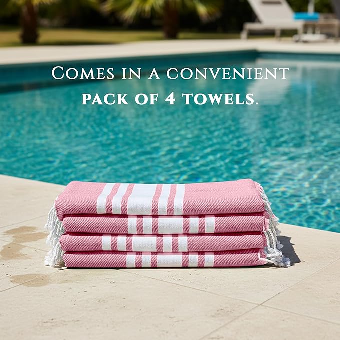 Turkish Cotton Beach Towel Pack of 4 & 1 Boho Tote Bag - Hammam Towels - No Shrink - Quick Dry - Lightweight - Sand Free - Camping - Pool - Tanning - Beach Essentials - Coral (40"x70")