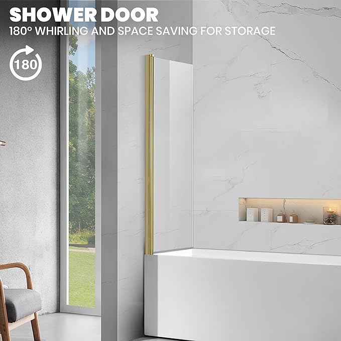 Frameless Tub Shower Door, Clear Tempered Glass Bathroom Shower Door 30" W*55" H, Hinged Foldable Bathtub Screen with Brushed Gold Wall Profile Support
