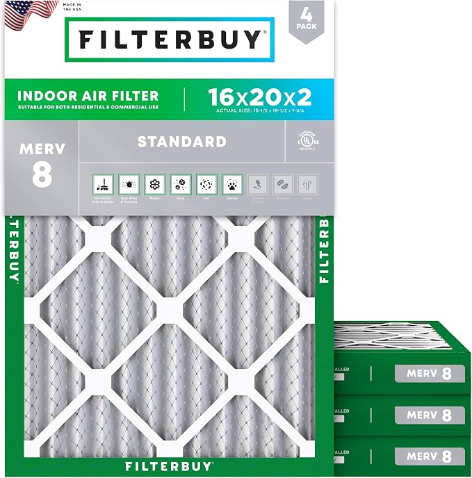 Filterbuy 16x20x2 Air Filter MERV 8 Essential Dust & Allergy Defense, by Filterbuy