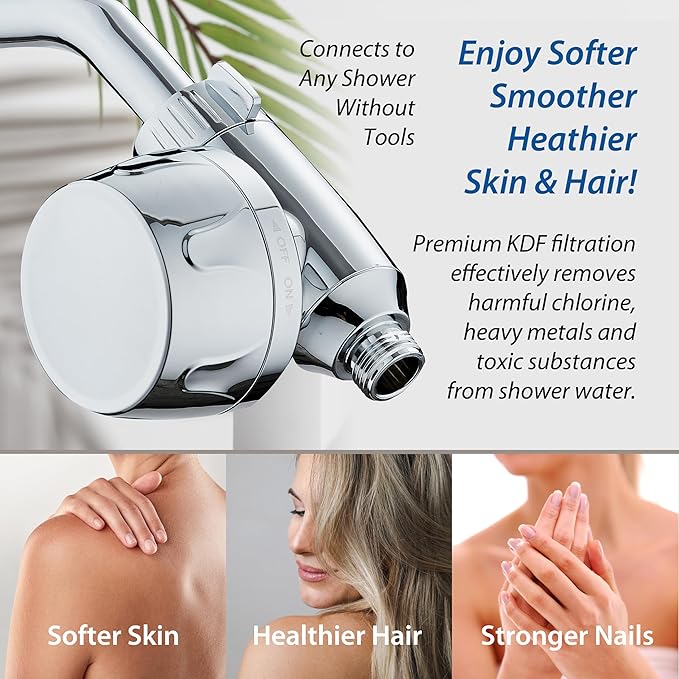 AquaCare Skin & Hair - World's Only Universal Shower Water Filter for All Shower Head Types with ON/OFF Filtration Modes, Instant Cartridge Reload & Stay-Clean American KDF Cartridge, Chrome Finish