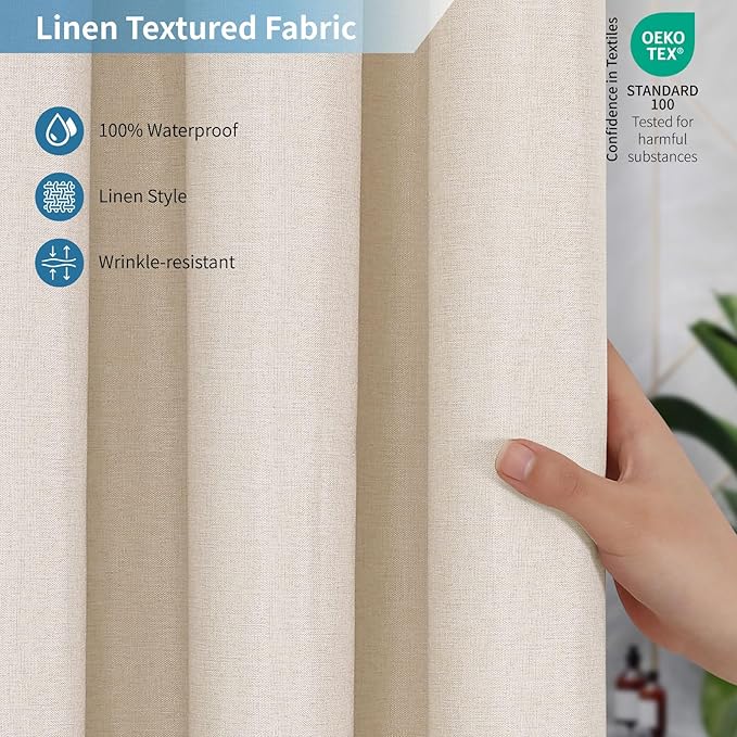 2-in-1 Waterproof Extra Long Fabric Shower Curtain or Liner,Linen Textured,96 Inch Breathable TPU & Washable Bathroom Shower Curtain Set with 12 Plastic Hooks,Modern,72"x96" Cream