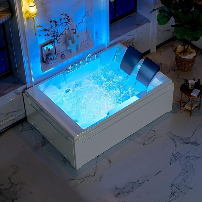 Empava 72" x 48" Whirlpool Tub, 2 Person Jetted Bathtub, Hydro Massage & Chromatherapy [ETL Certified], 3 Sided Apron, Acrylic , 1125 Watt, 110 Gallons, Left Drain