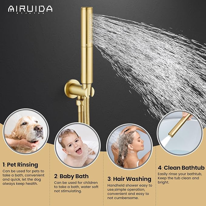 Airuida Shower Fixtures 2 Functions Shower Faucet Set Wall Mounted for Bathroom High Pressure Brass Handheld Shower with Rough-in Valve Round Rainfall 12 Inch Shower Head Brushed Gold