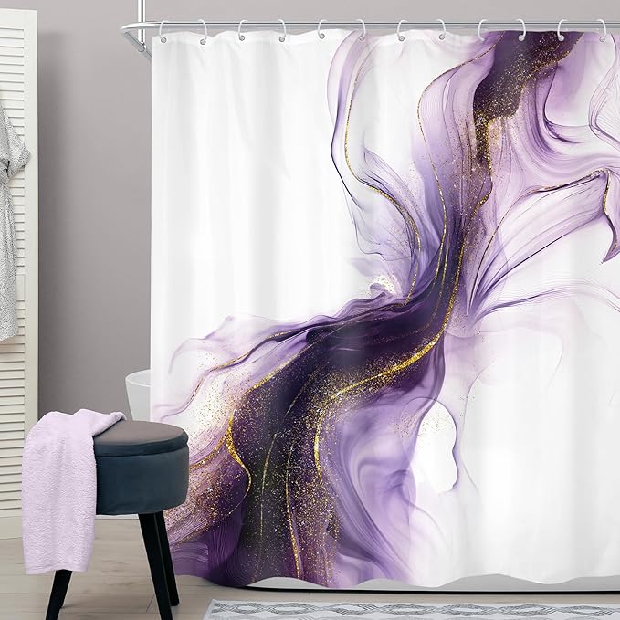 Cinbloo Purple Shower Curtain 60Wx72H Abstract Marble Ombre Gold Bathroom Decor for Women Modern Elegant Ink Texture Minimalist Chic Aesthetic Artistic Neutral Bath Curtain Fabric with 12 Hooks