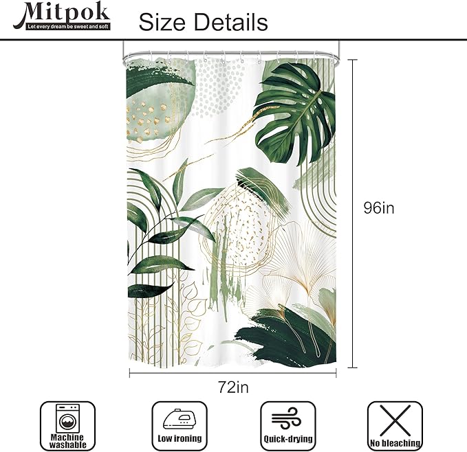 Green Boho Shower Curtain 72Wx96H Extra Long Sage Green Modern Mid Century Abstract Tropical Palm Leaves Bohemian Plant Bathroom Decor Minimalist Bath Curtain Fabric Polyester 12 Pack Hooks