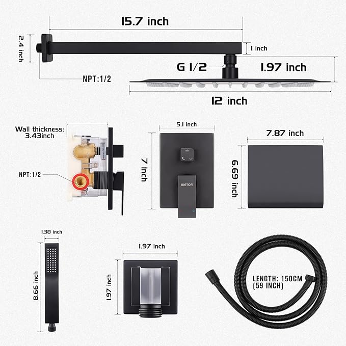 Wall Mounted Shower Faucet Set, Shower System with Tub Spout, 12 Inch Rainfall Shower Head with Handheld Spray, Waterfall Tub Spout Bathtub Faucet, Black