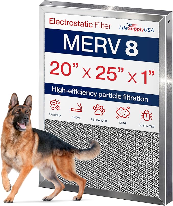20x25x1 Electrostatic Air Filter, MERV 8, Reusable Furnace AC/HVAC Filter by LifeSupplyUSA