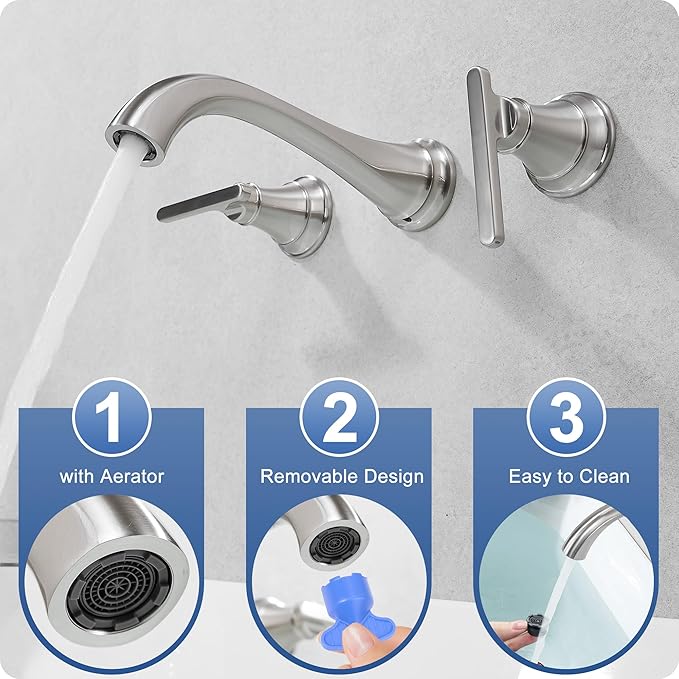 Brass Wall Mount Tub Filler, High Flow 8" Spout Reach Brushed Nickel Bathtub Faucet, 2 Handles Tub Faucets, Rough in Valve Included