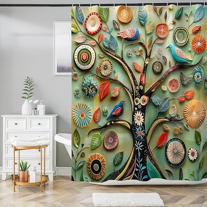 Bohemian Shower Curtain, Boho Floral Print Water Repellent Polyester Fabric for Bathroom Decor, 72×72 Inch Standard Size with 12 Hooks, Also as Room Divider