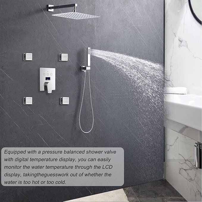 Rain Shower System Polished Chrome 3 Way Digital Display Shower Faucet System 12 Inch Ultra Thin Full Body Shower Head System with Handheld Shower and 4 PCS Body Jets