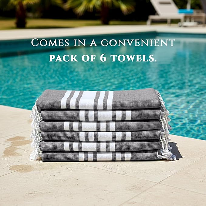 Turkish Cotton Beach Towel Pack of 6 & 1 Boho Tote Bag - Hammam Towels - No Shrink - Quick Dry - Lightweight - Sand Free - Camping - Pool - Tanning - Beach Essentials - Gray (40"x70")