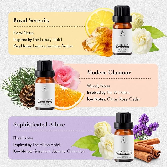 JCLOUD Hotel Diffuser Oils Set | Top 6 Luxury Hotel Inspired Essential Oils for Diffuser for Home, Pure Aromatherapy Diffuser Oil Gift Set, Home Luxury & Hotel Scents for Diffuser - 6x10mL